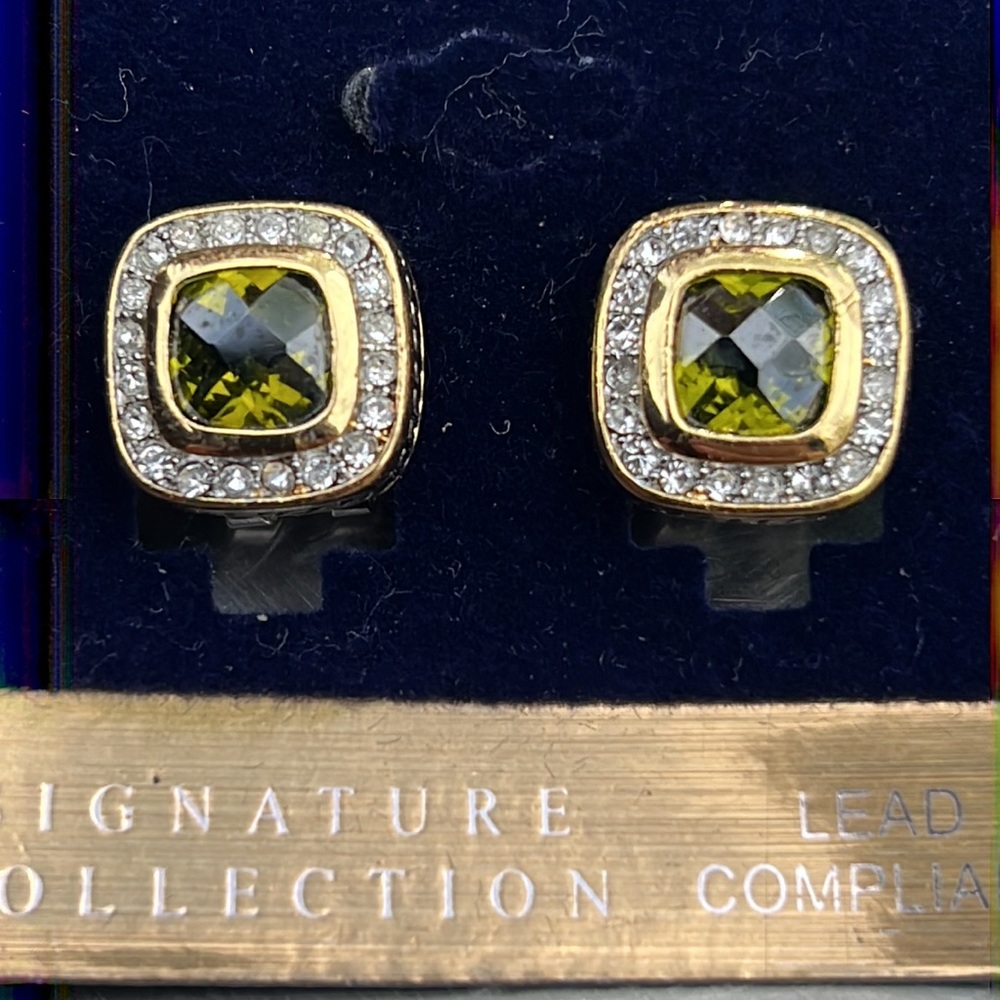 Designer Inspired French clip back Signature Collection green stone earrings.
